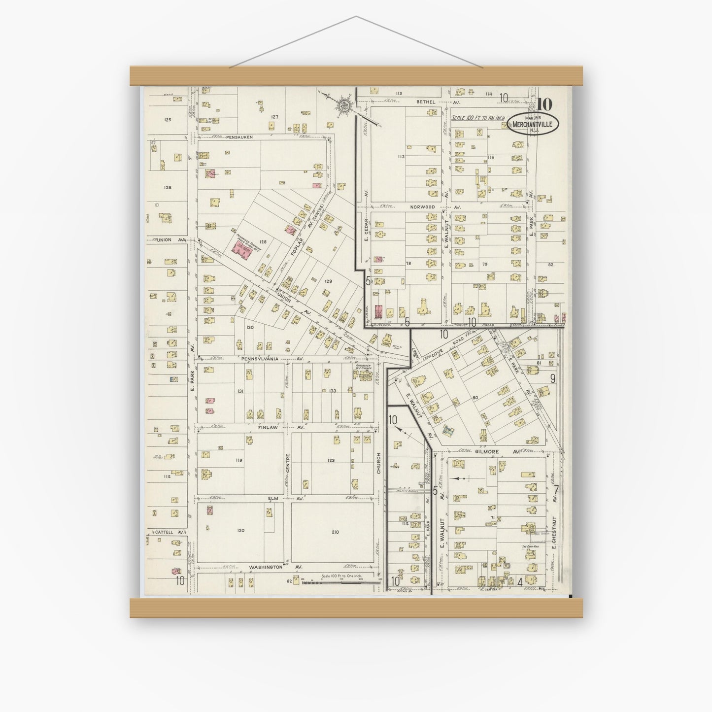 Old map wall art mockup — magnetic wood frame on white wall — Sanborn Fire Insurance Map from Merchantville, Camden County, New Jersey (1915), Sheet #0010
