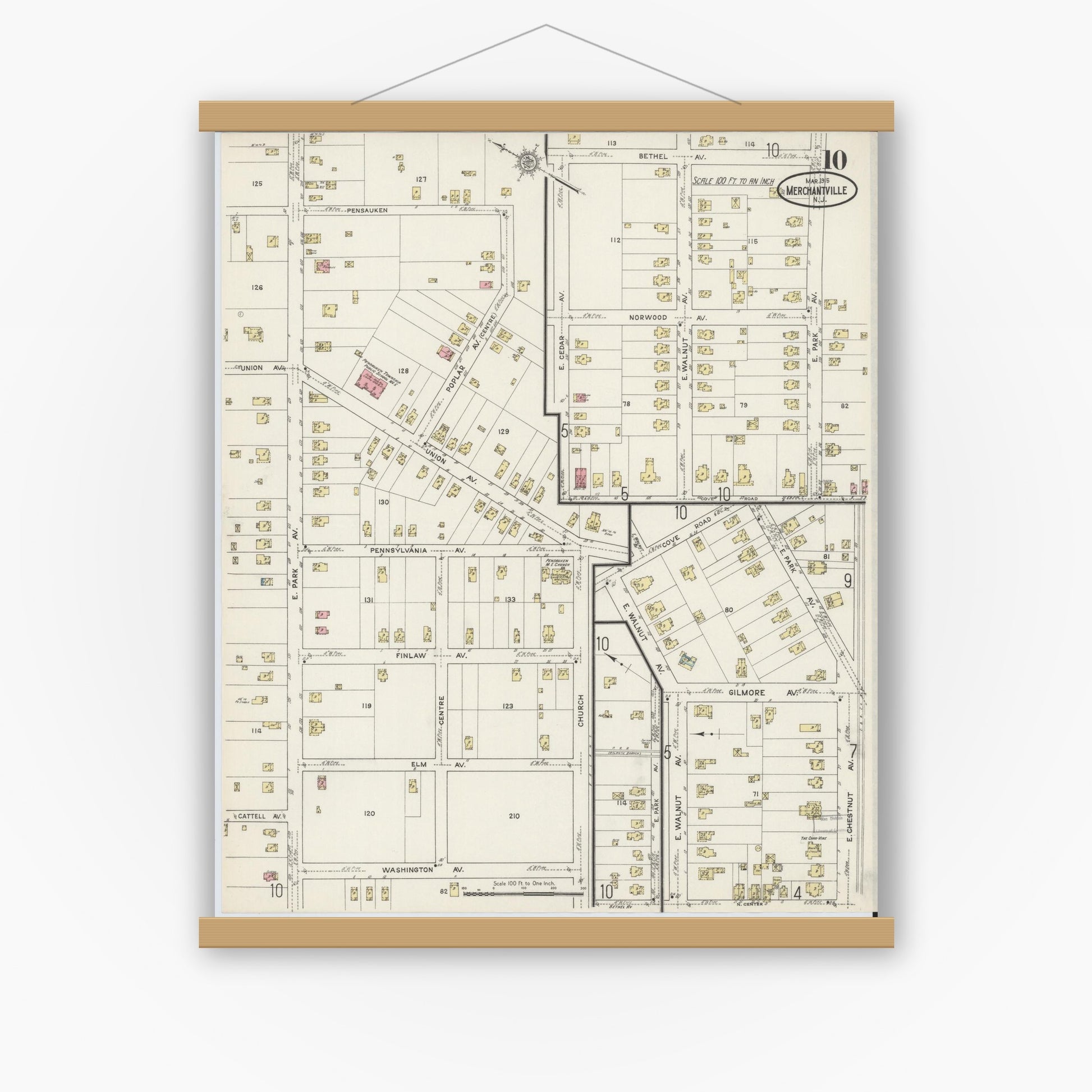Old map wall art mockup — magnetic wood frame on white wall — Sanborn Fire Insurance Map from Merchantville, Camden County, New Jersey (1915), Sheet #0010