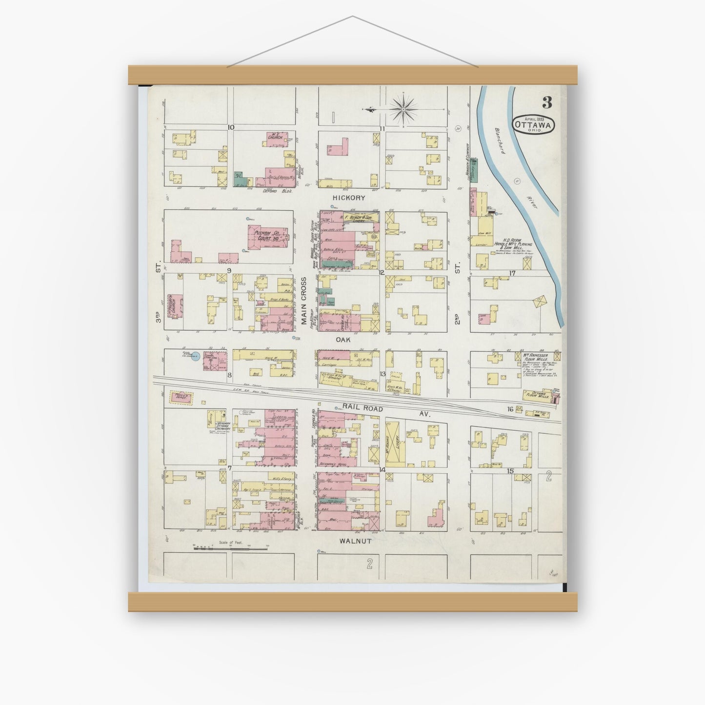 Old map wall art mockup — magnetic wood frame on white wall — Sanborn Fire Insurance Map from Ottawa, Putnam County, Ohio (1893), Sheet #0003