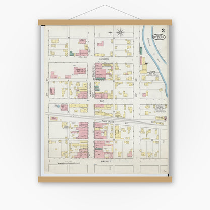 Old map wall art mockup — magnetic wood frame on white wall — Sanborn Fire Insurance Map from Ottawa, Putnam County, Ohio (1893), Sheet #0003