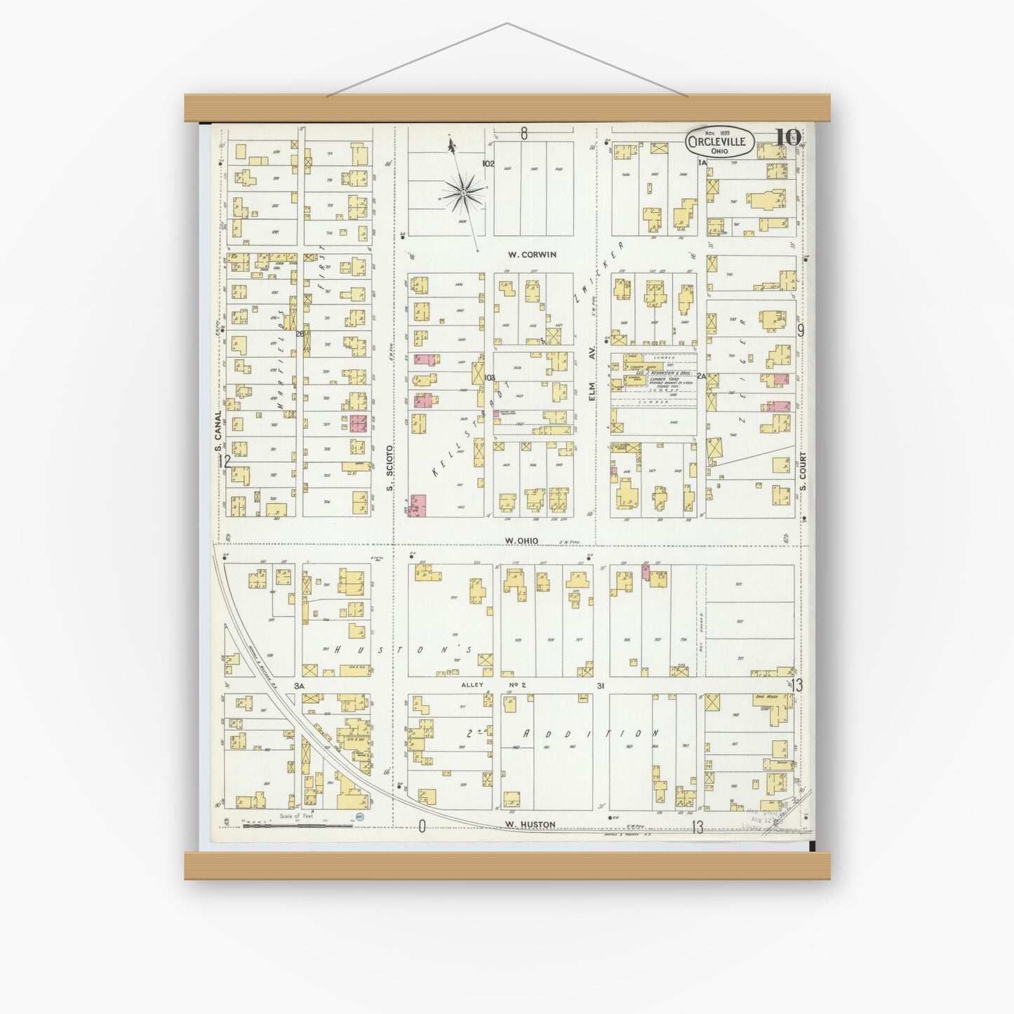 Old map wall art mockup — magnetic wood frame on white wall — Sanborn Fire Insurance Map from Circleville, Pickaway County, Ohio (1899), Sheet #0010