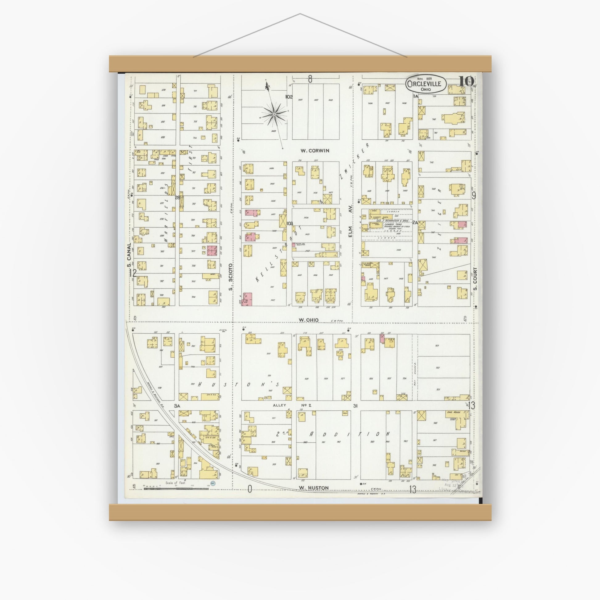 Old map wall art mockup — magnetic wood frame on white wall — Sanborn Fire Insurance Map from Circleville, Pickaway County, Ohio (1899), Sheet #0010