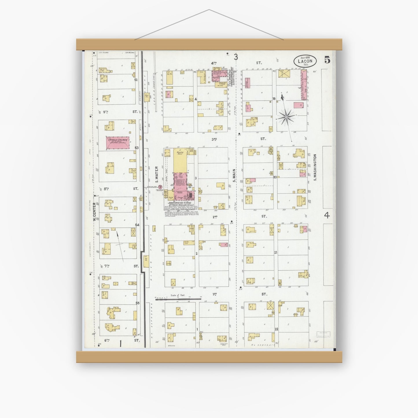 Old map wall art mockup — magnetic wood frame on white wall — Sanborn Fire Insurance Map from Lacon, Marshall County, Illinois (1899), Sheet #0005