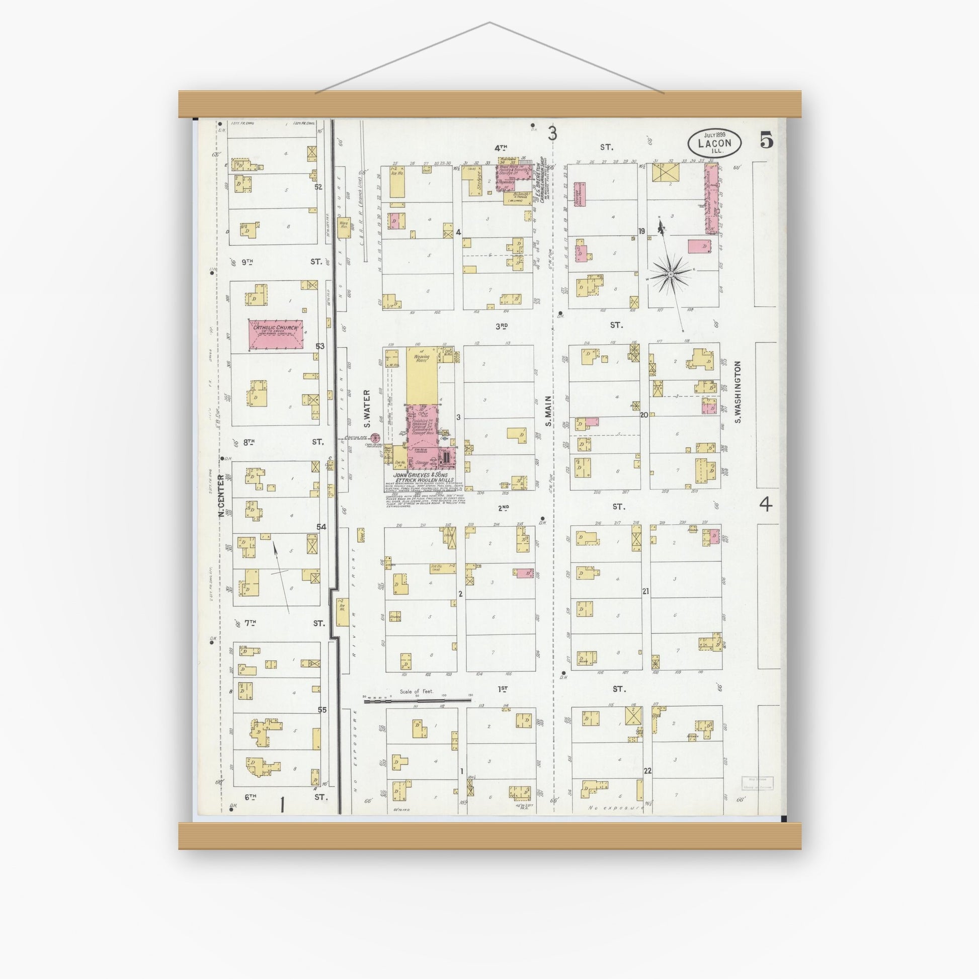 Old map wall art mockup — magnetic wood frame on white wall — Sanborn Fire Insurance Map from Lacon, Marshall County, Illinois (1899), Sheet #0005