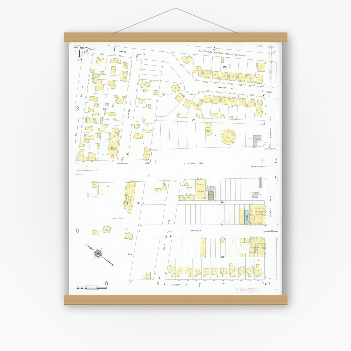 Old map wall art mockup — magnetic wood frame on white wall — Sanborn Fire Insurance Map from Millbrae, San Mateo County, California (1949) - Complete Map Set