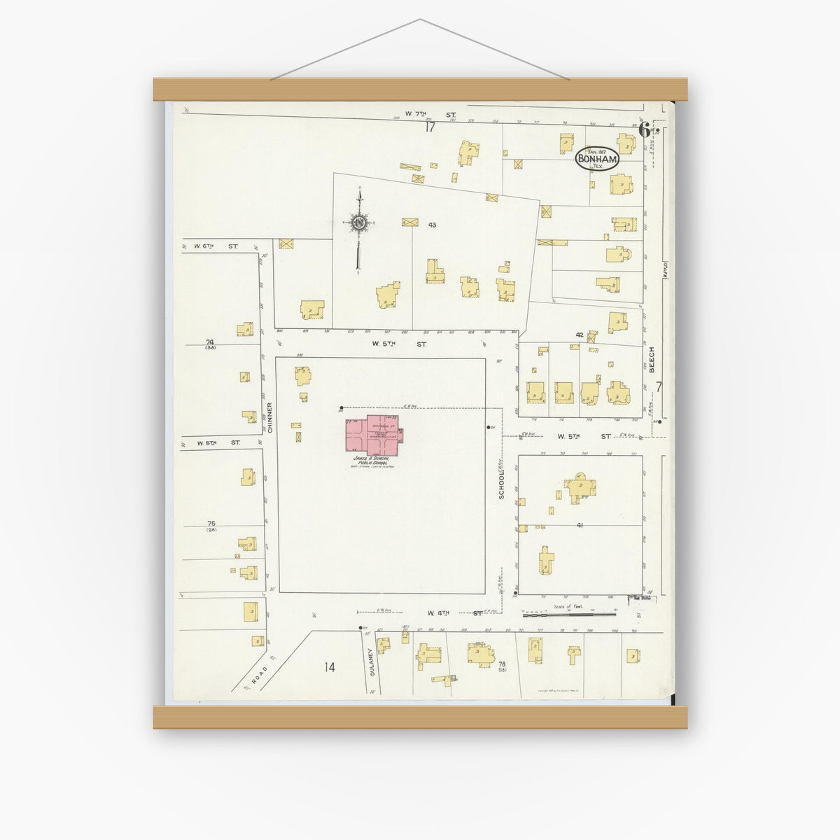 Old map wall art mockup — magnetic wood frame on white wall — Sanborn Fire Insurance Map from Bonham, Fannin County, Texas (1917), Sheet #0006
