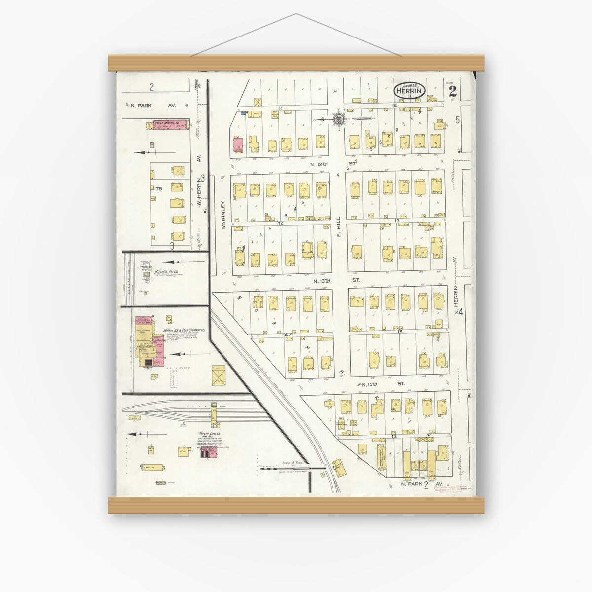 Old map wall art mockup — magnetic wood frame on white wall — Sanborn Fire Insurance Map from Herrin, Williamson County, Illinois (1922), Sheet #0002