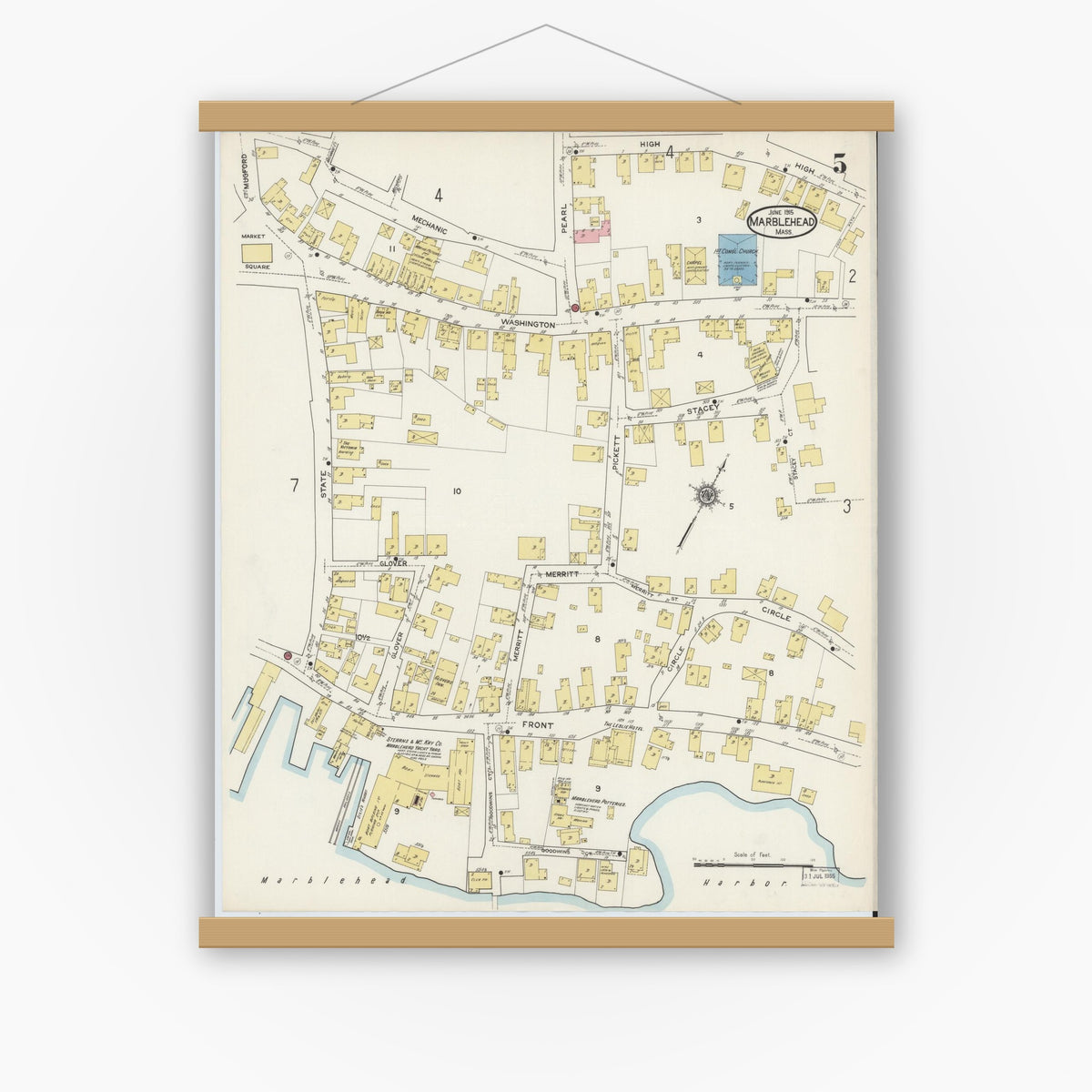 Old map wall art mockup — magnetic wood frame on white wall — Sanborn Fire Insurance Map from Marblehead, Essex County, Massachusetts (1915), Sheet #0005