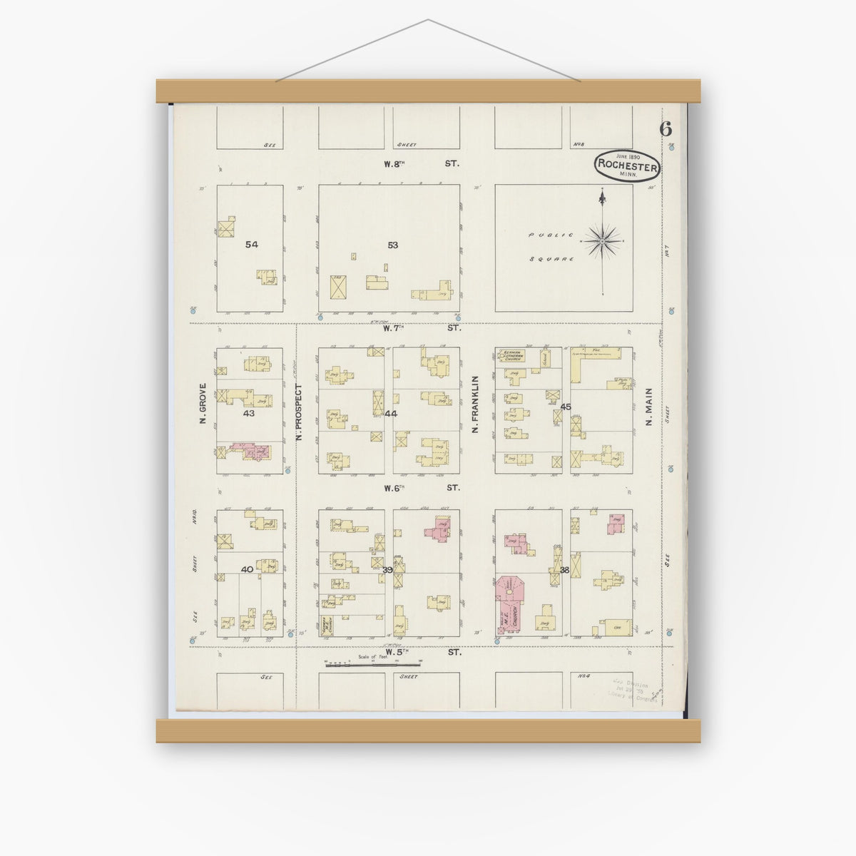 Old map wall art mockup — magnetic wood frame on white wall — Sanborn Fire Insurance Map from Rochester, Olmsted County, Minnesota (1890), Sheet #0006