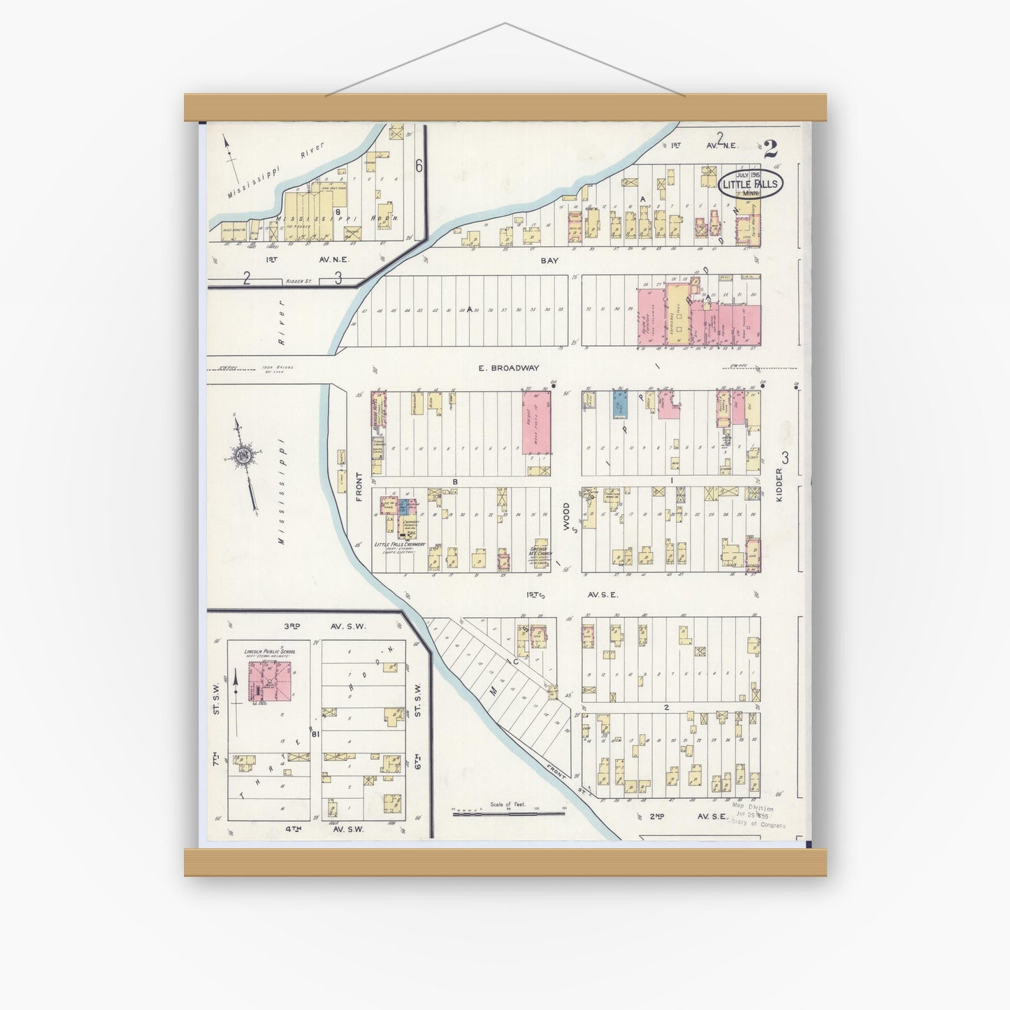 Old map wall art mockup — magnetic wood frame on white wall — Sanborn Fire Insurance Map from Little Falls, Morrison County, Minnesota (1915), Sheet #0002