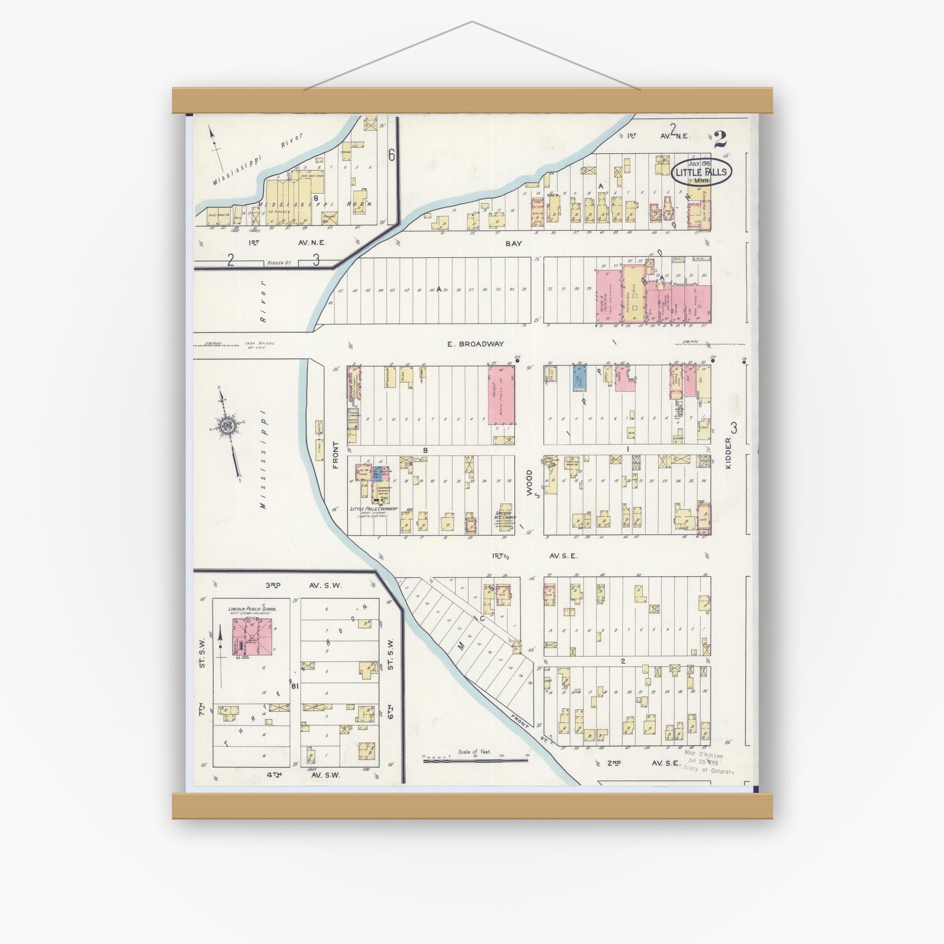 Old map wall art mockup — magnetic wood frame on white wall — Sanborn Fire Insurance Map from Little Falls, Morrison County, Minnesota (1915), Sheet #0002