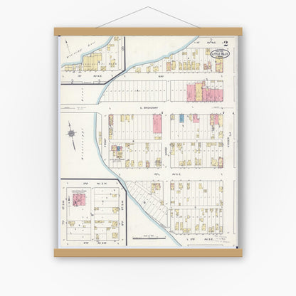 Old map wall art mockup — magnetic wood frame on white wall — Sanborn Fire Insurance Map from Little Falls, Morrison County, Minnesota (1915), Sheet #0002
