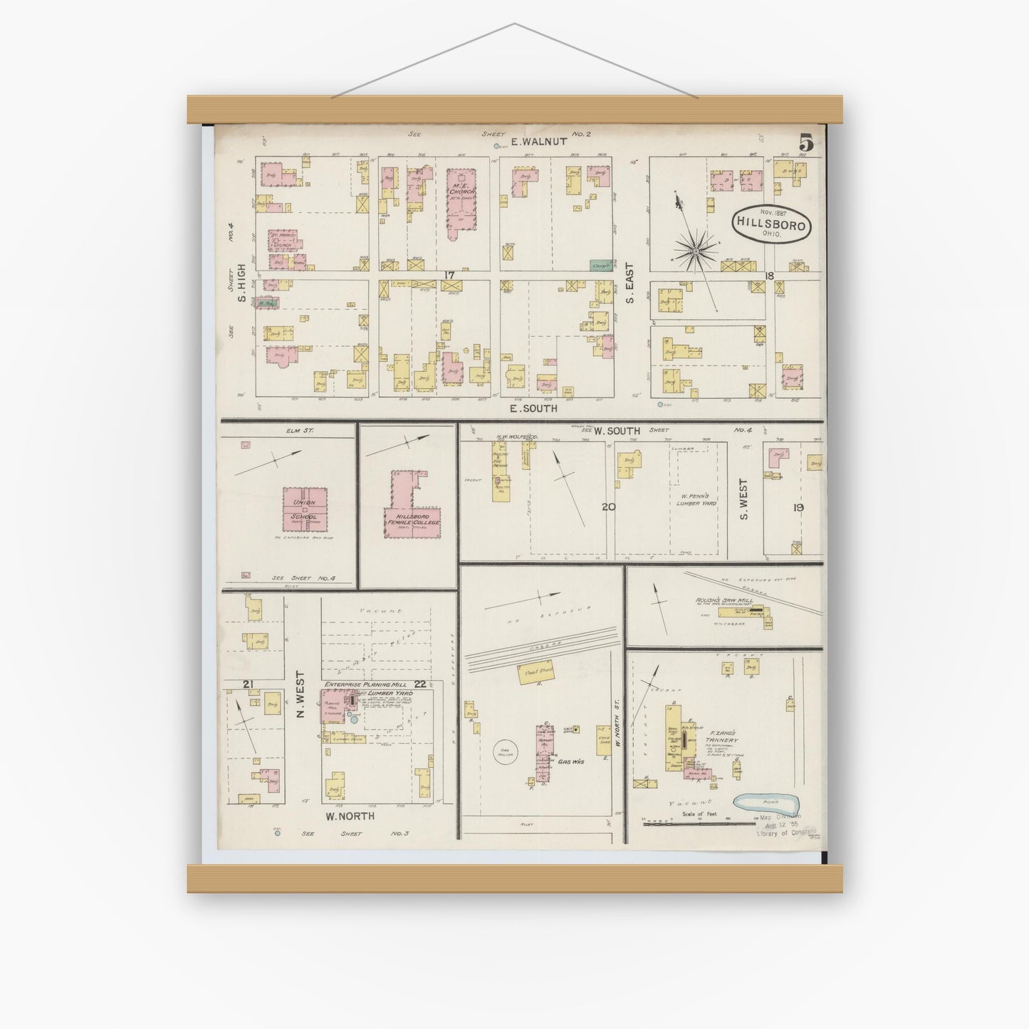 Old map wall art mockup — magnetic wood frame on white wall — Sanborn Fire Insurance Map from Hillsboro, Highland County, Ohio (1887), Sheet #0005