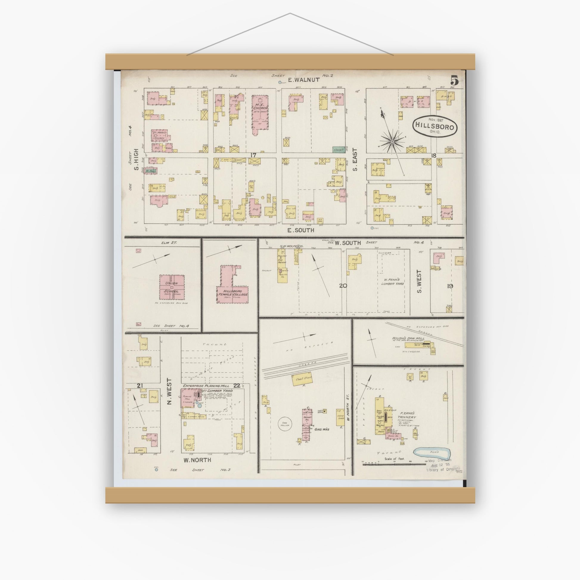 Old map wall art mockup — magnetic wood frame on white wall — Sanborn Fire Insurance Map from Hillsboro, Highland County, Ohio (1887), Sheet #0005