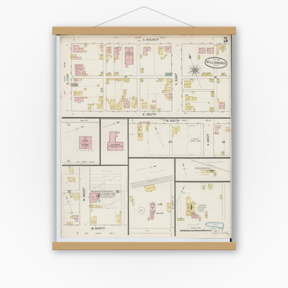 Old map wall art mockup — magnetic wood frame on white wall — Sanborn Fire Insurance Map from Hillsboro, Highland County, Ohio (1887), Sheet #0005