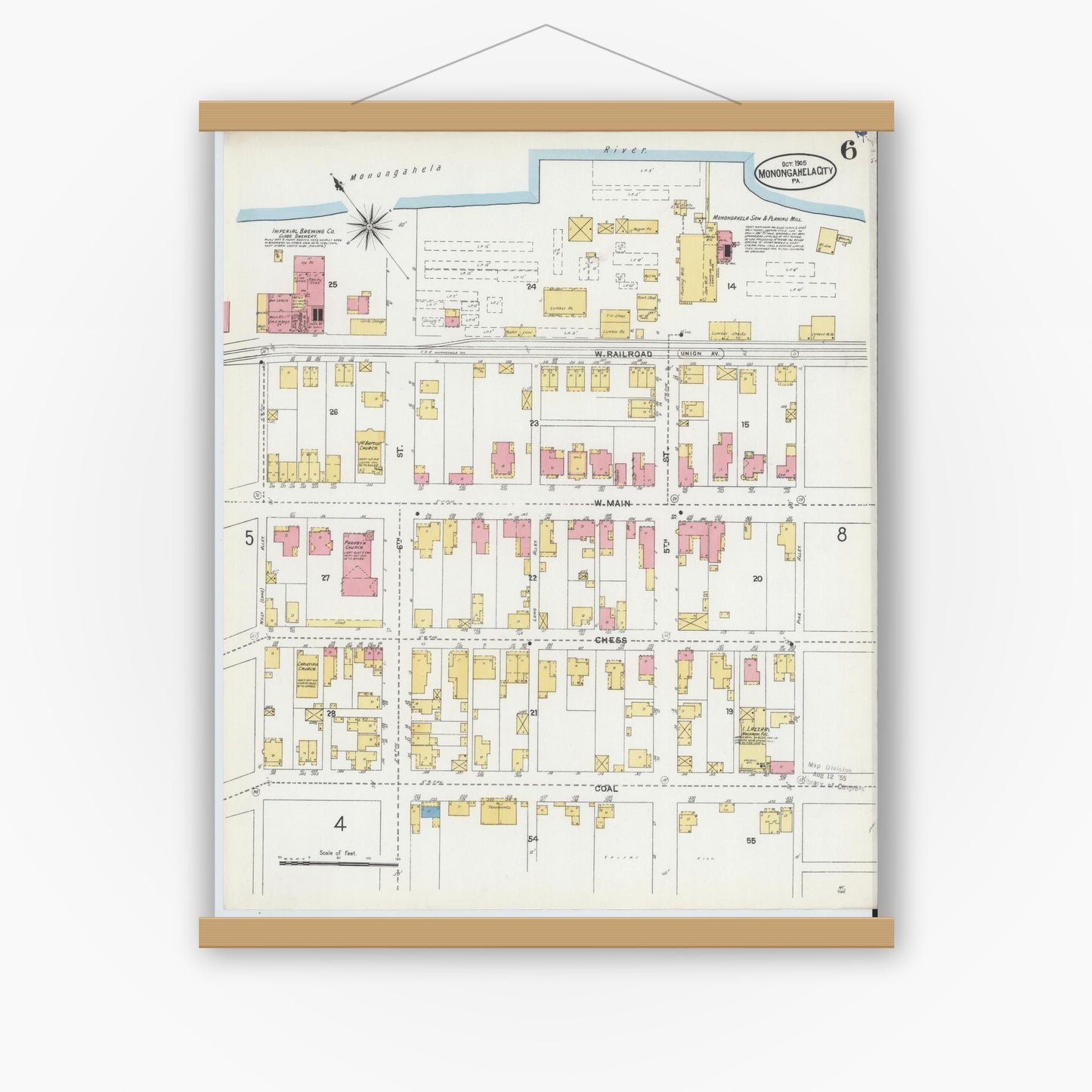 Old map wall art mockup — magnetic wood frame on white wall — Sanborn Fire Insurance Map from Monongahela City, Washington County, Pennsylvania (1905), Sheet #0006