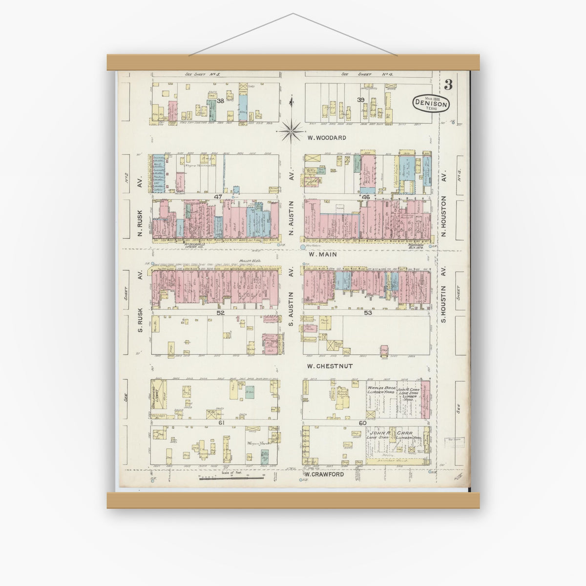 Old map wall art mockup — magnetic wood frame on white wall — Sanborn Fire Insurance Map from Denison, Grayson County, Texas (1888), Sheet #0003
