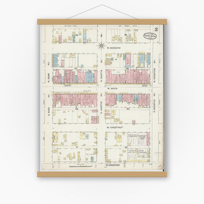 Old map wall art mockup — magnetic wood frame on white wall — Sanborn Fire Insurance Map from Denison, Grayson County, Texas (1888), Sheet #0003