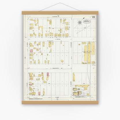 Old map wall art mockup — magnetic wood frame on white wall — Sanborn Fire Insurance Map from Madison, Dane County, Wisconsin (1902), Sheet #0011
