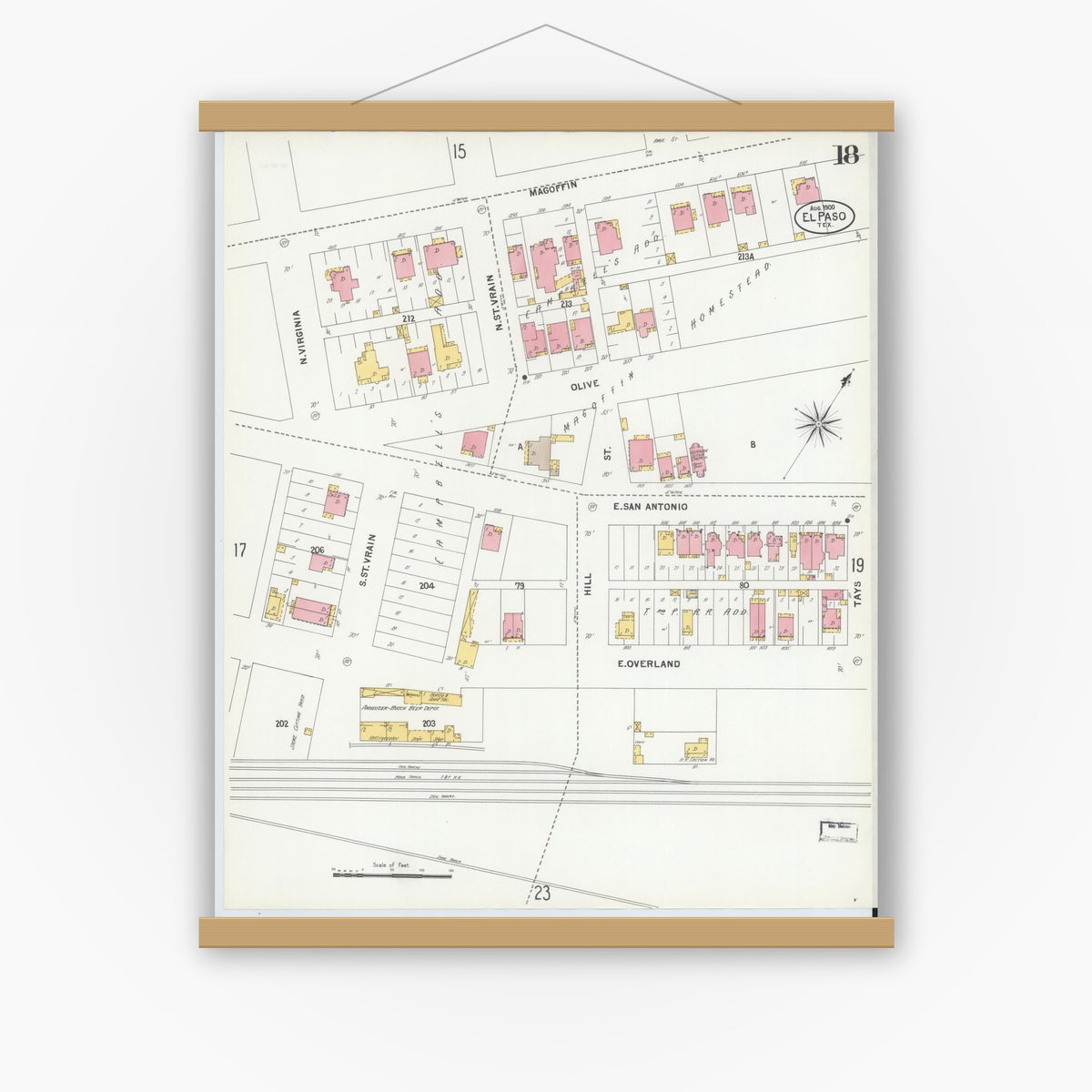 Old map wall art mockup — magnetic wood frame on white wall — Sanborn Fire Insurance Map from El Paso, El Paso County, Texas (1900), Sheet #0018