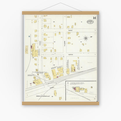 Old map wall art mockup — magnetic wood frame on white wall — Sanborn Fire Insurance Map from Newark, Wayne County, New York (1906), Sheet #0014