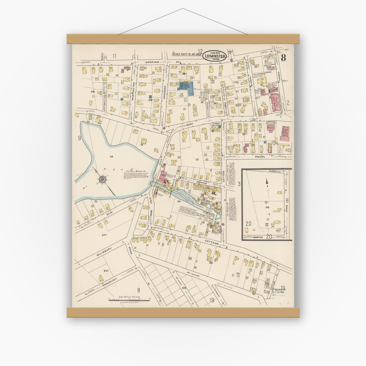 Old map wall art mockup — magnetic wood frame on white wall — Sanborn Fire Insurance Map from Leominster, Worcester County, Massachusetts (1922), Sheet #0008