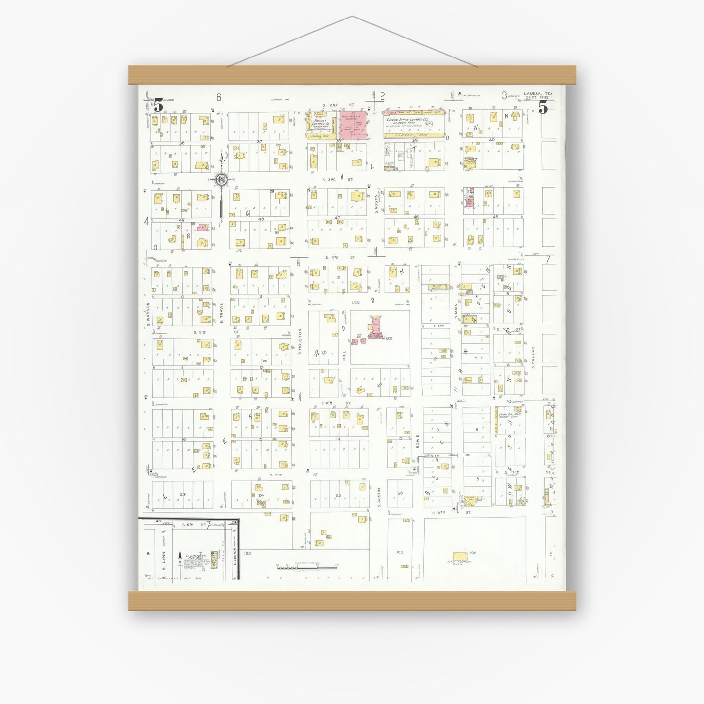 Old map wall art mockup — magnetic wood frame on white wall — Sanborn Fire Insurance Map from Lamesa, Dawson County, Texas (1932), Sheet #0005