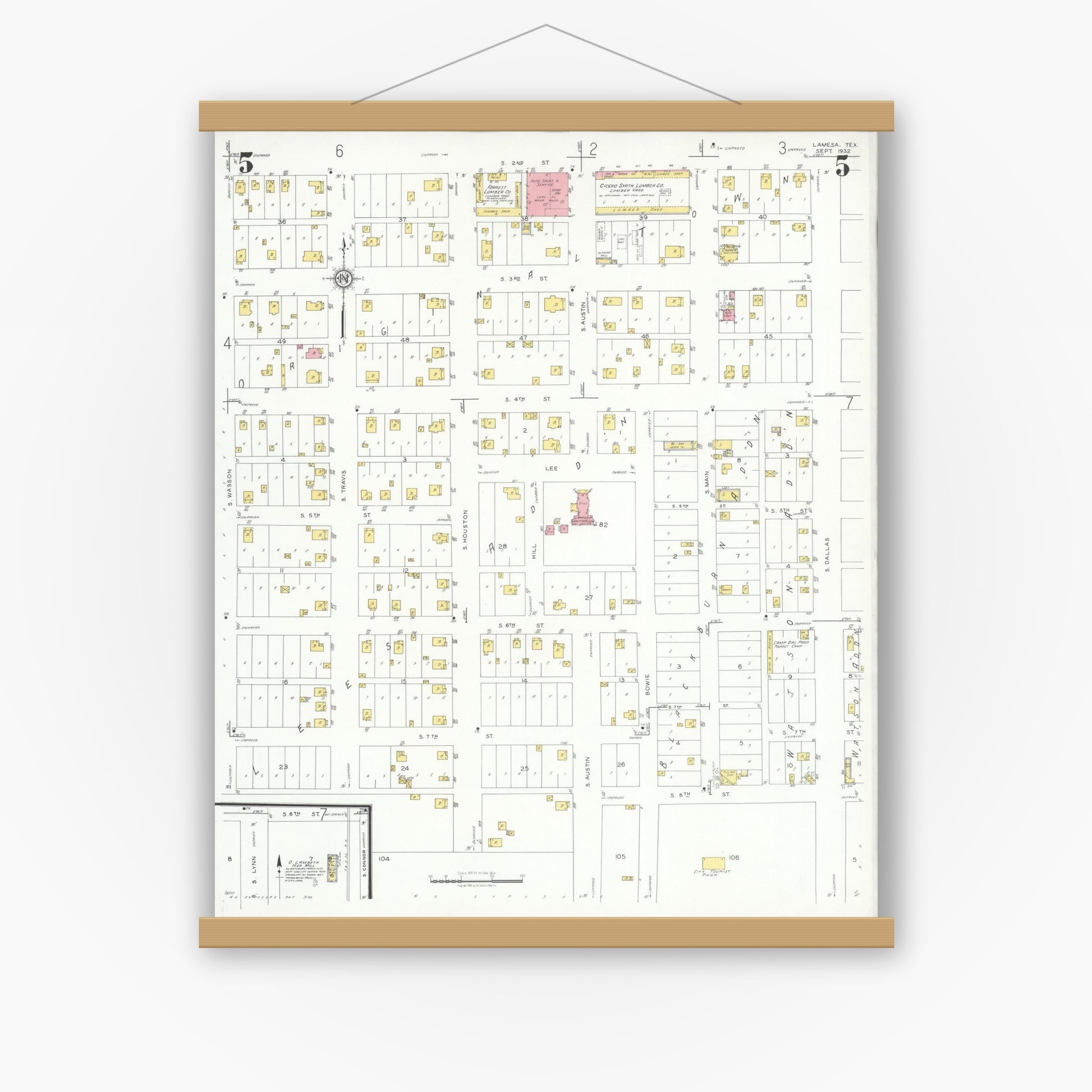 Old map wall art mockup — magnetic wood frame on white wall — Sanborn Fire Insurance Map from Lamesa, Dawson County, Texas (1932), Sheet #0005