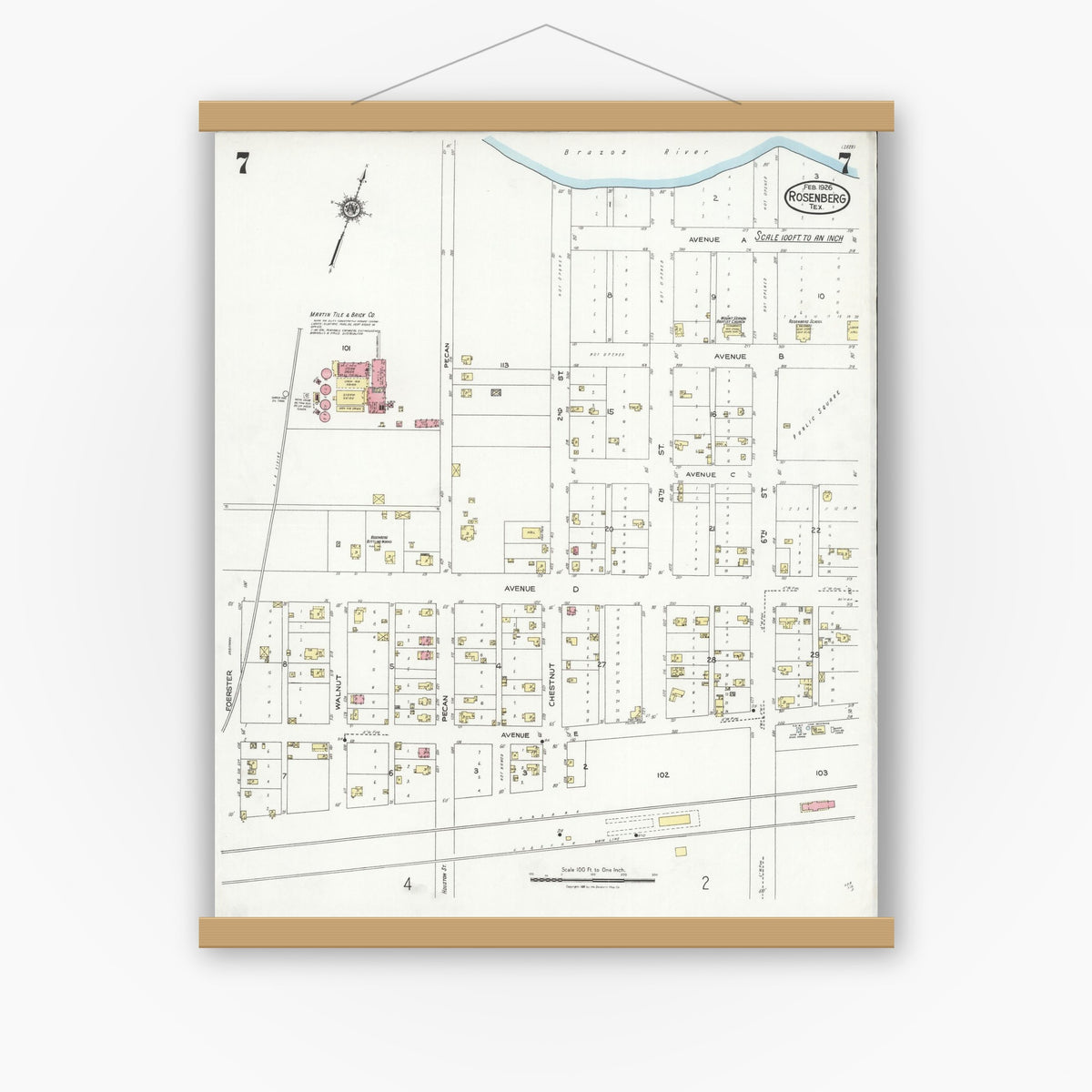Old map wall art mockup — magnetic wood frame on white wall — Sanborn Fire Insurance Map from Rosenberg, Fort Bend County, Texas (1926), Sheet #0007