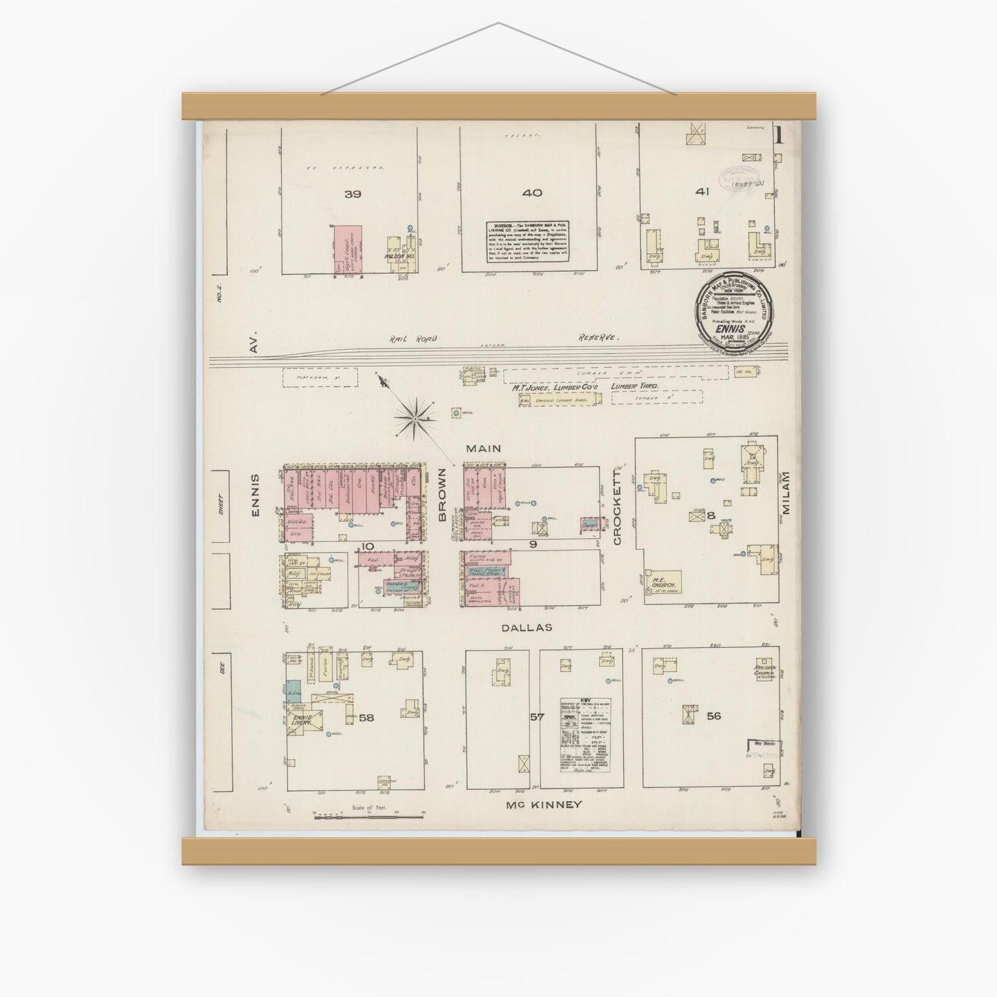 Old map wall art mockup — magnetic wood frame on white wall — Sanborn Fire Insurance Map from Ennis, Ellis County, Texas (1885) - Complete Map Set