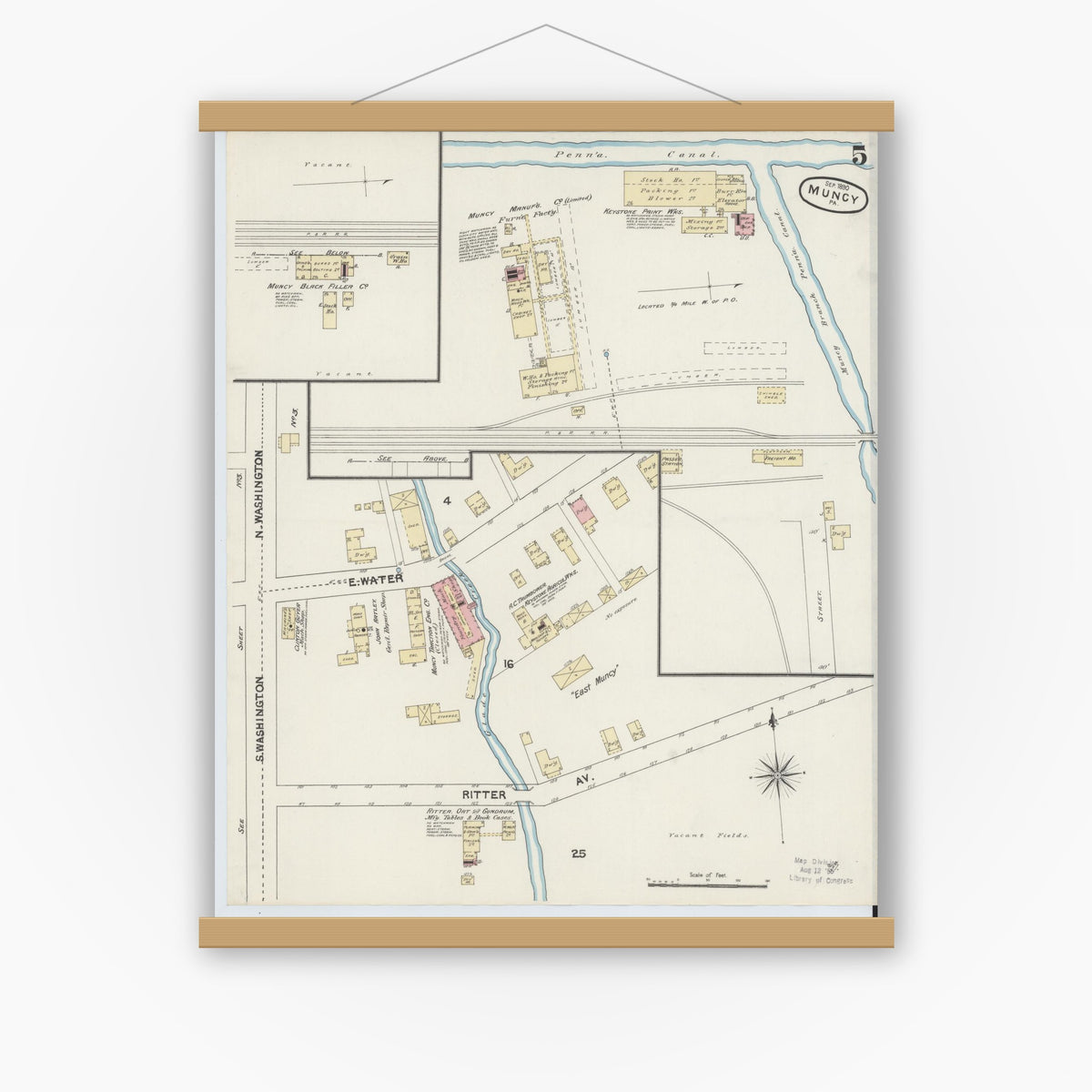 Old map wall art mockup — magnetic wood frame on white wall — Sanborn Fire Insurance Map from Muncy, Lycoming County, Pennsylvania (1890), Sheet #0005