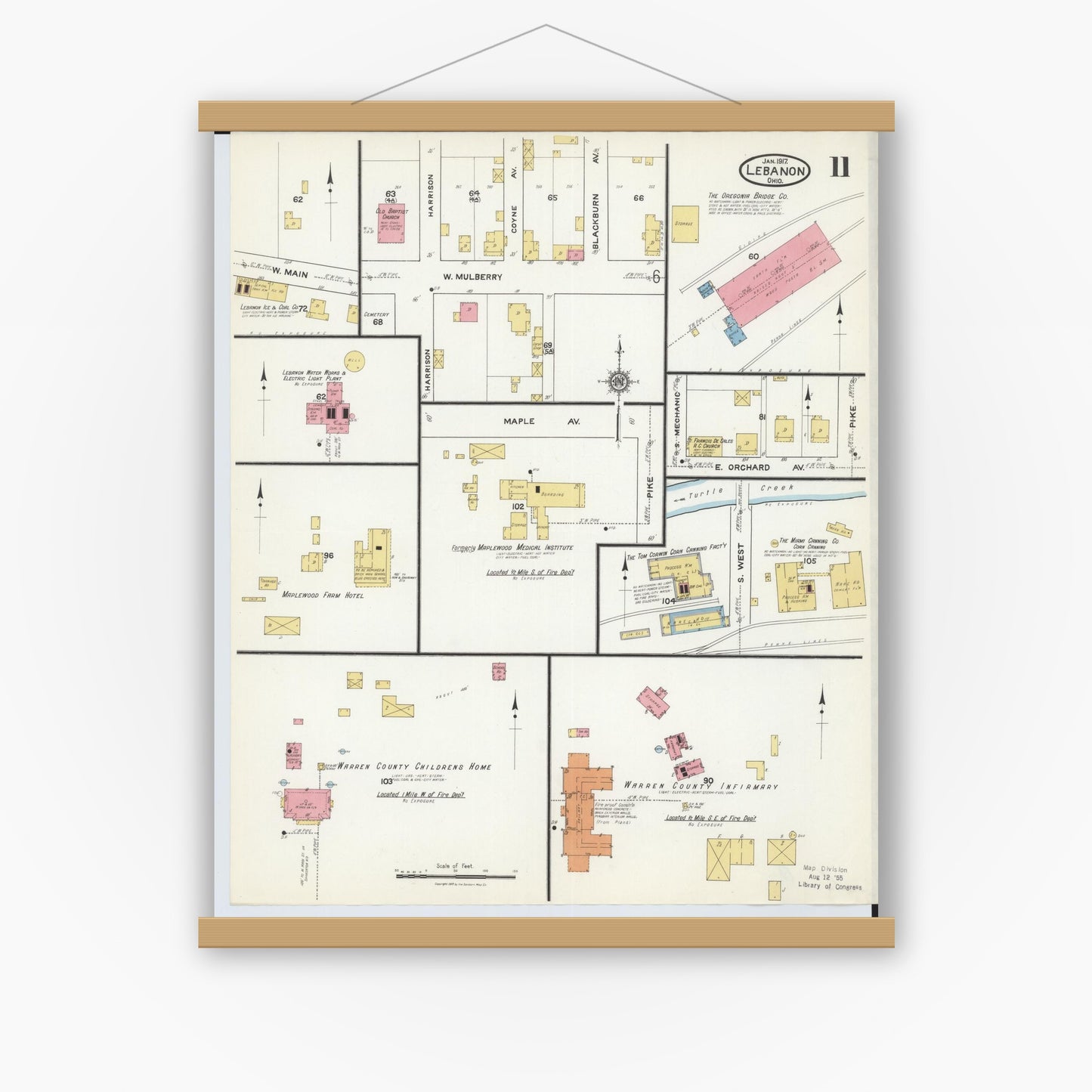 Old map wall art mockup — magnetic wood frame on white wall — Sanborn Fire Insurance Map from Lebanon, Warren County, Ohio (1917), Sheet #0011