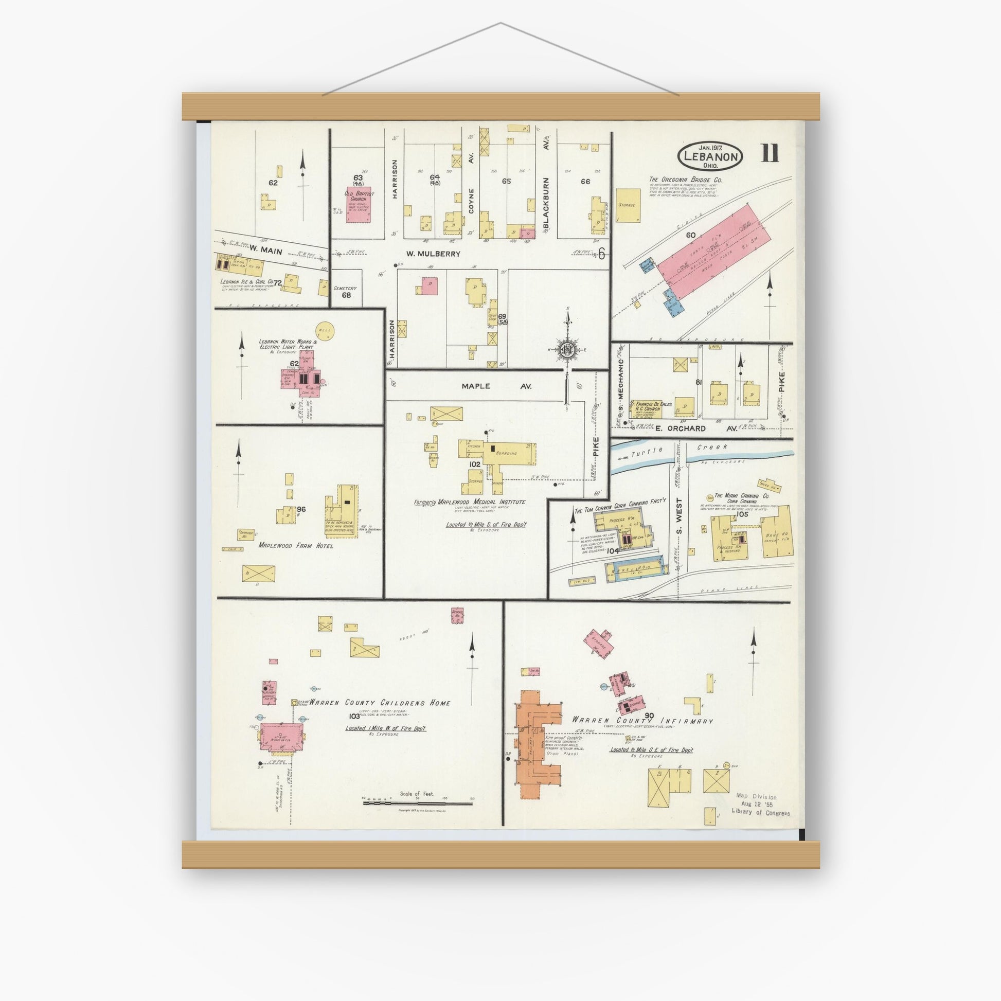Old map wall art mockup — magnetic wood frame on white wall — Sanborn Fire Insurance Map from Lebanon, Warren County, Ohio (1917), Sheet #0011