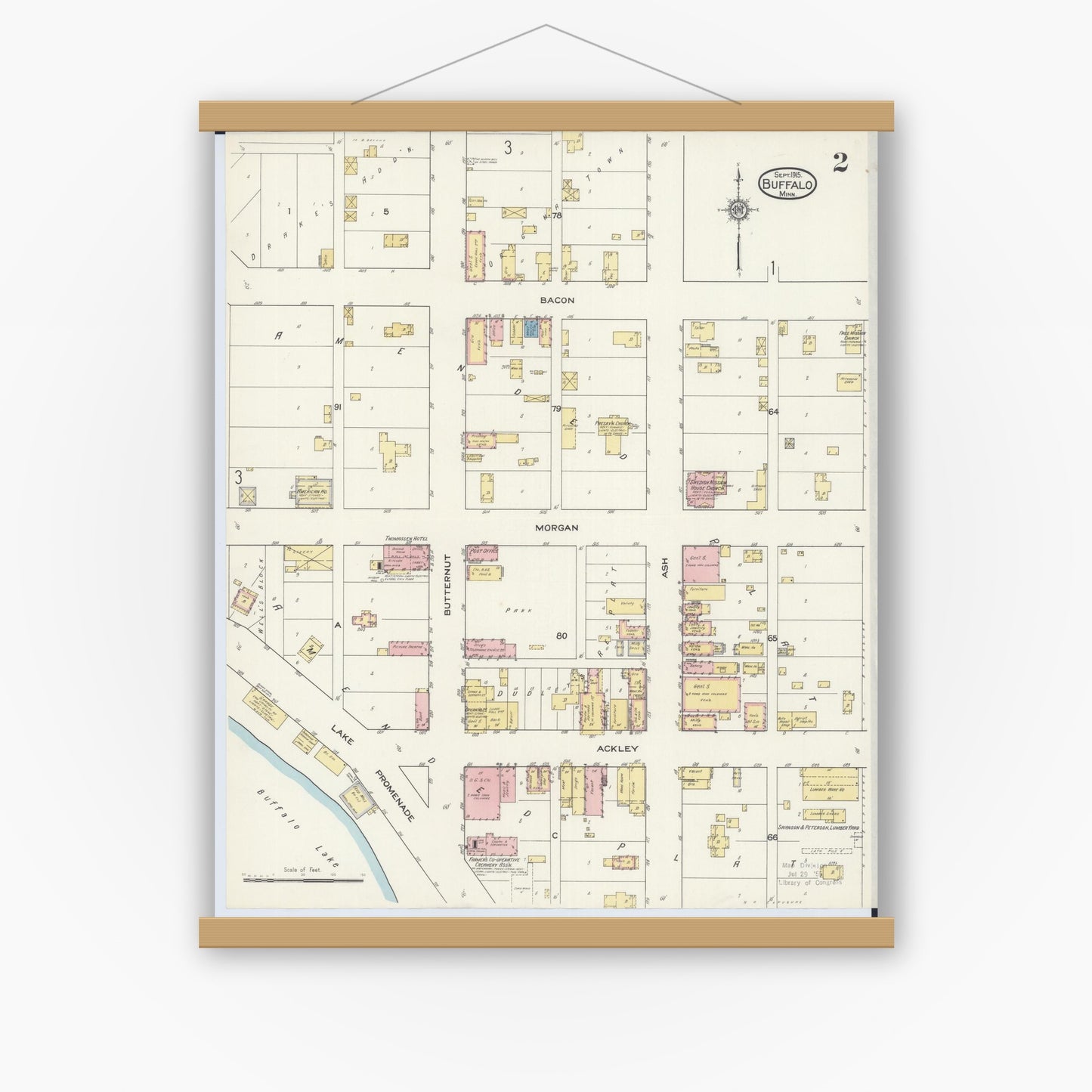 Old map wall art mockup — magnetic wood frame on white wall — Sanborn Fire Insurance Map from Buffalo, Wright County, Minnesota (1915), Sheet #0002