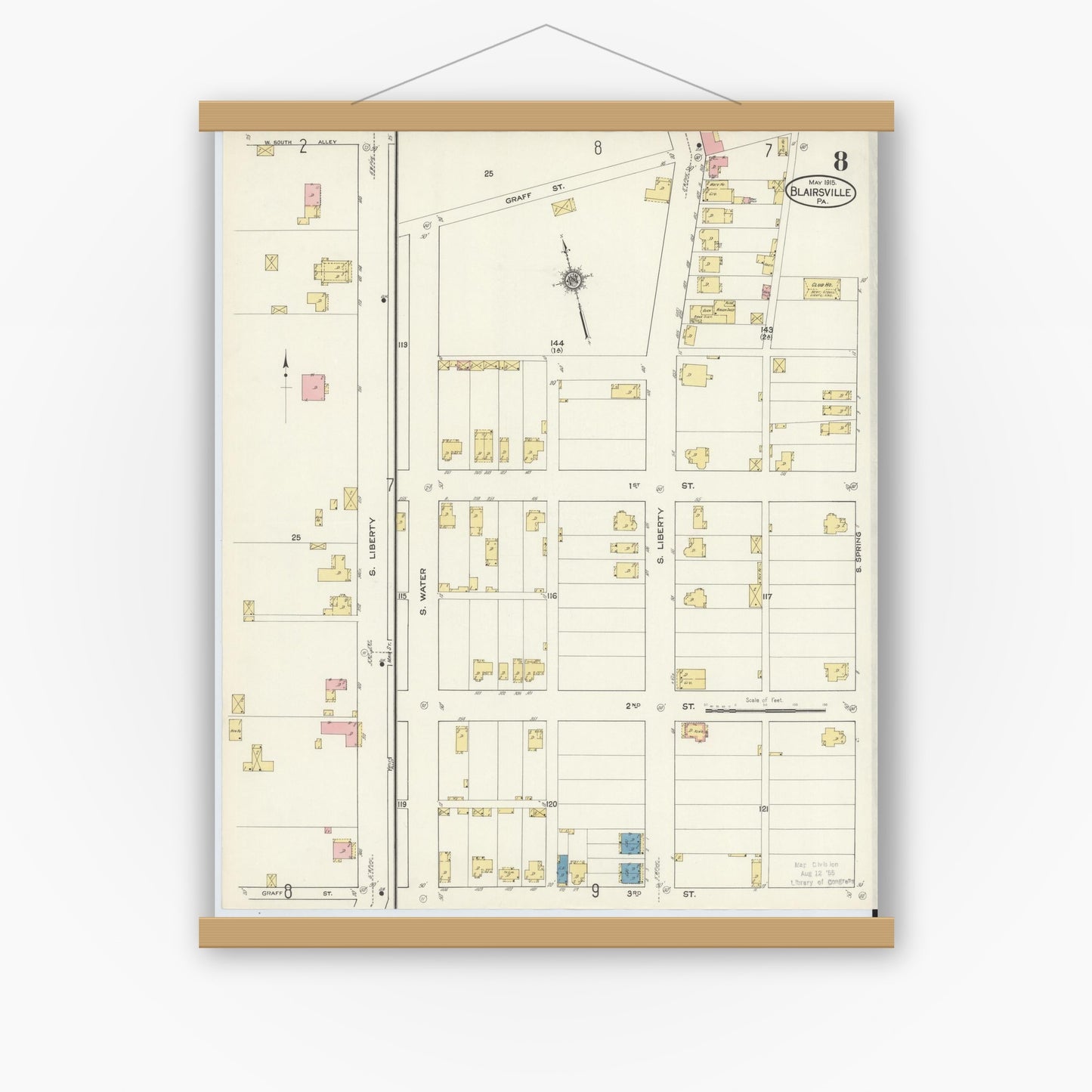 Old map wall art mockup — magnetic wood frame on white wall — Sanborn Fire Insurance Map from Blairsville, Indiana County, Pennsylvania (1915), Sheet #0008
