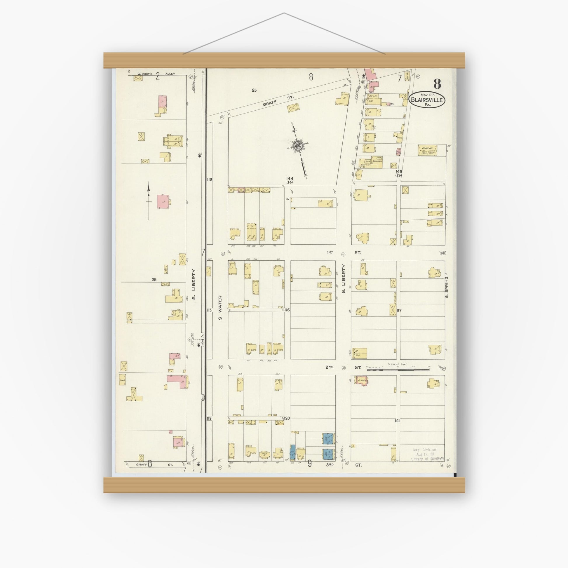Old map wall art mockup — magnetic wood frame on white wall — Sanborn Fire Insurance Map from Blairsville, Indiana County, Pennsylvania (1915), Sheet #0008