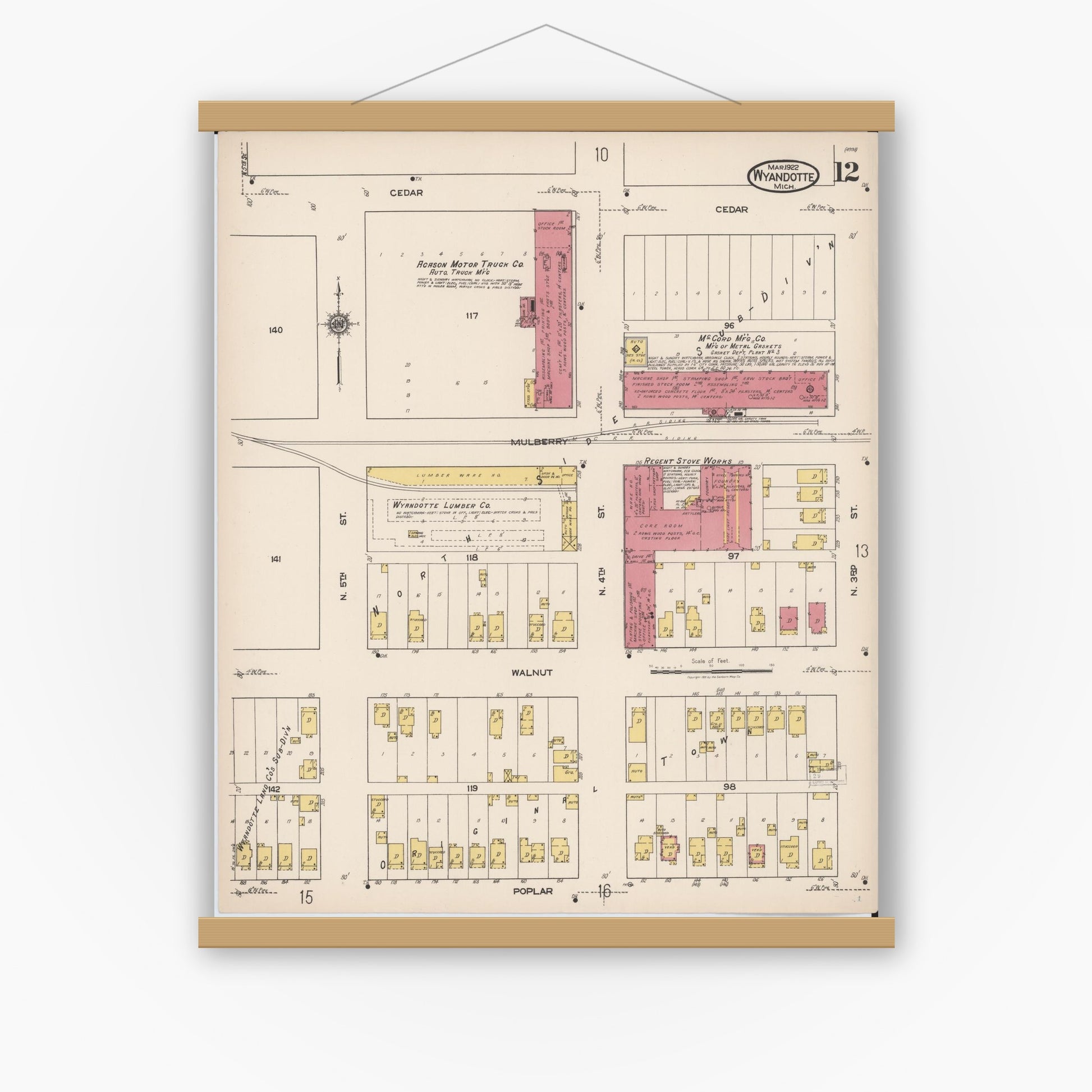 Old map wall art mockup — magnetic wood frame on white wall — Sanborn Fire Insurance Map from Wyandotte, Wayne County, Michigan (1922), Sheet #0012