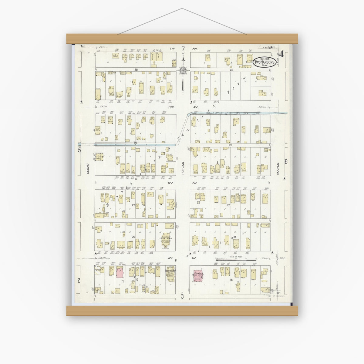 Old map wall art mockup — magnetic wood frame on white wall — Sanborn Fire Insurance Map from Two Harbors, Lake County, Minnesota (1914), Sheet #0004