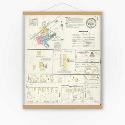 Old map wall art mockup — magnetic wood frame on white wall — Sanborn Fire Insurance Map from Sabina, Clinton County, Ohio (1914), Sheet #0001