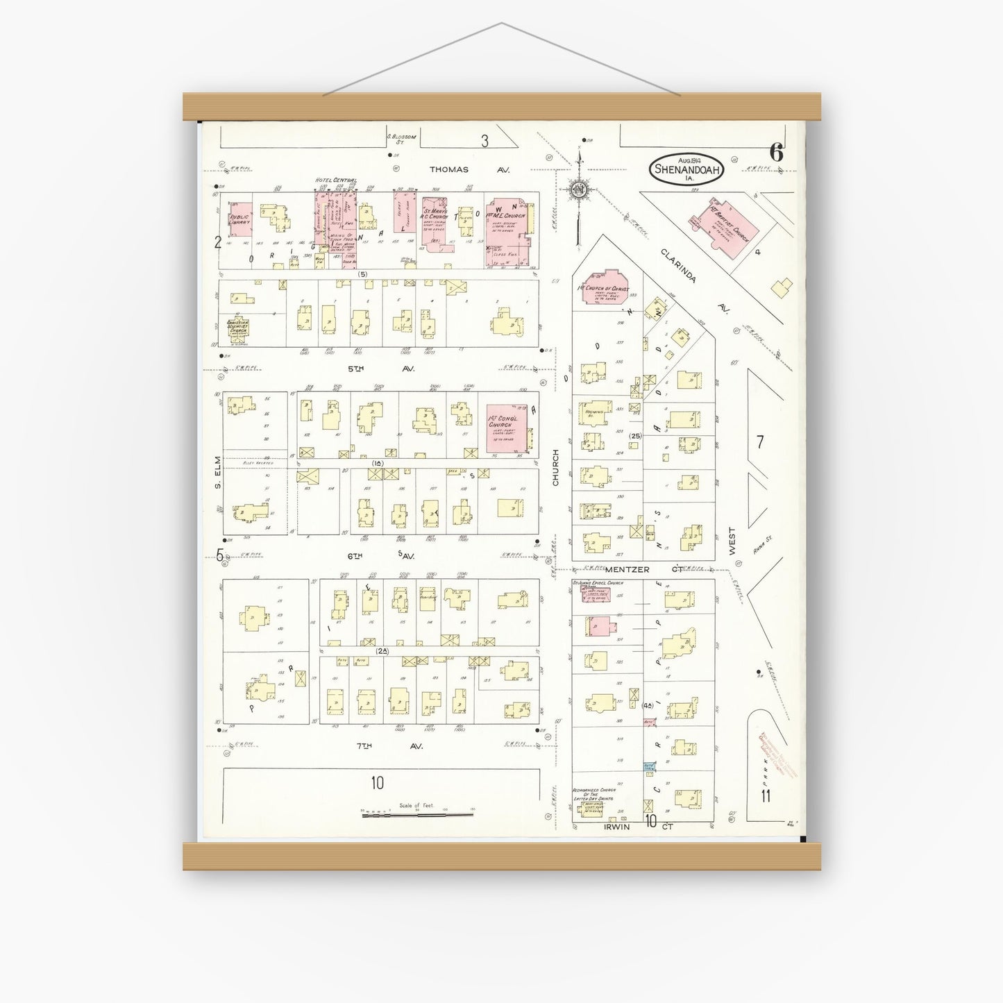 Old map wall art mockup — magnetic wood frame on white wall — Sanborn Fire Insurance Map from Shenandoah, Page County, Iowa (1914), Sheet #0006