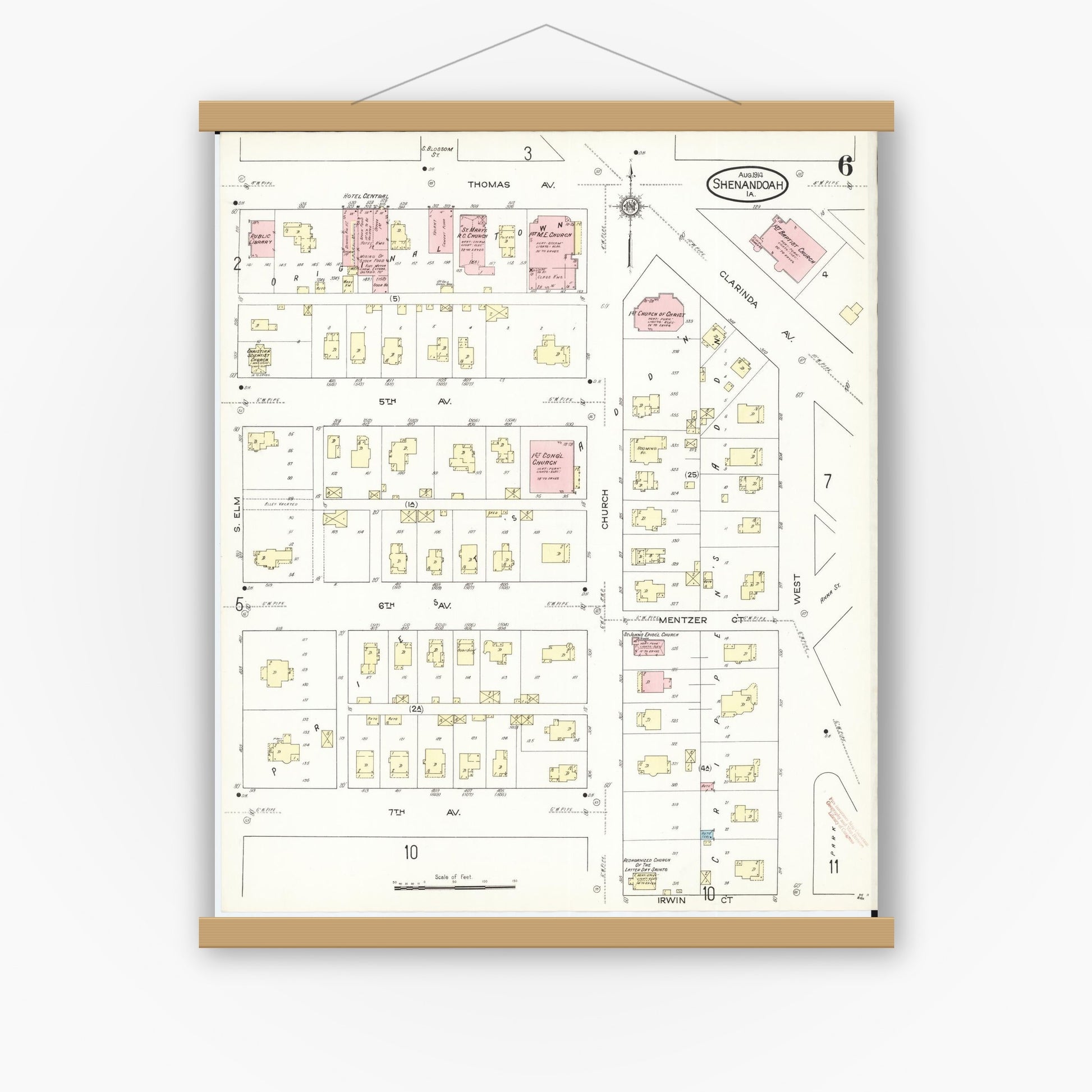 Old map wall art mockup — magnetic wood frame on white wall — Sanborn Fire Insurance Map from Shenandoah, Page County, Iowa (1914), Sheet #0006