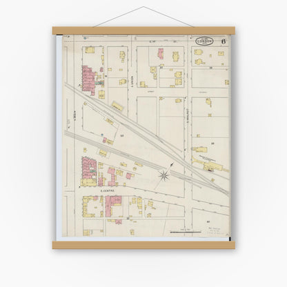 Old map wall art mockup — magnetic wood frame on white wall — Sanborn Fire Insurance Map from London, Madison County, Ohio (1895), Sheet #0006