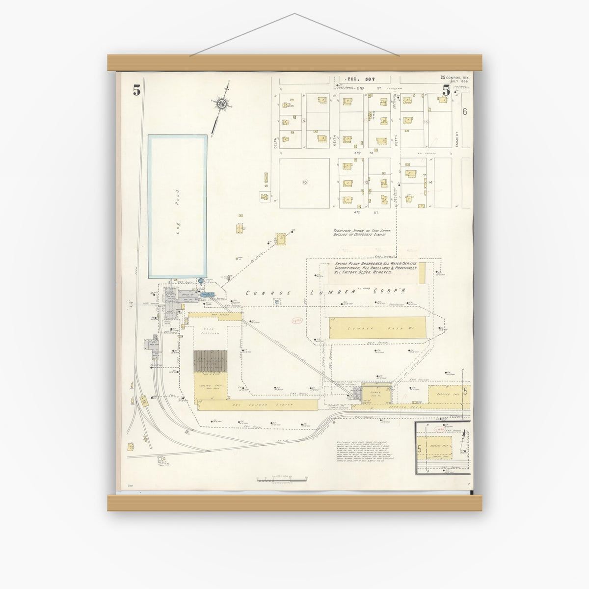 Old map wall art mockup — magnetic wood frame on white wall — Sanborn Fire Insurance Map from Conroe, Montgomery County, Texas (1943), Sheet #0005