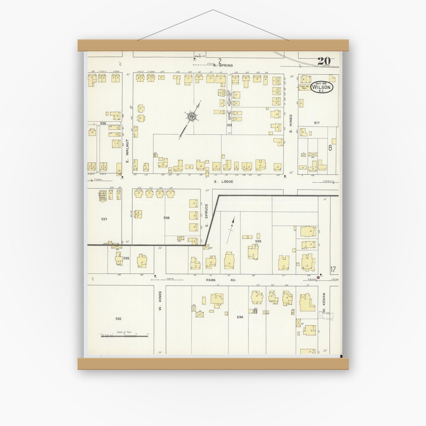 Old map wall art mockup — magnetic wood frame on white wall — Sanborn Fire Insurance Map from Wilson, Wilson County, North Carolina (1913), Sheet #0020
