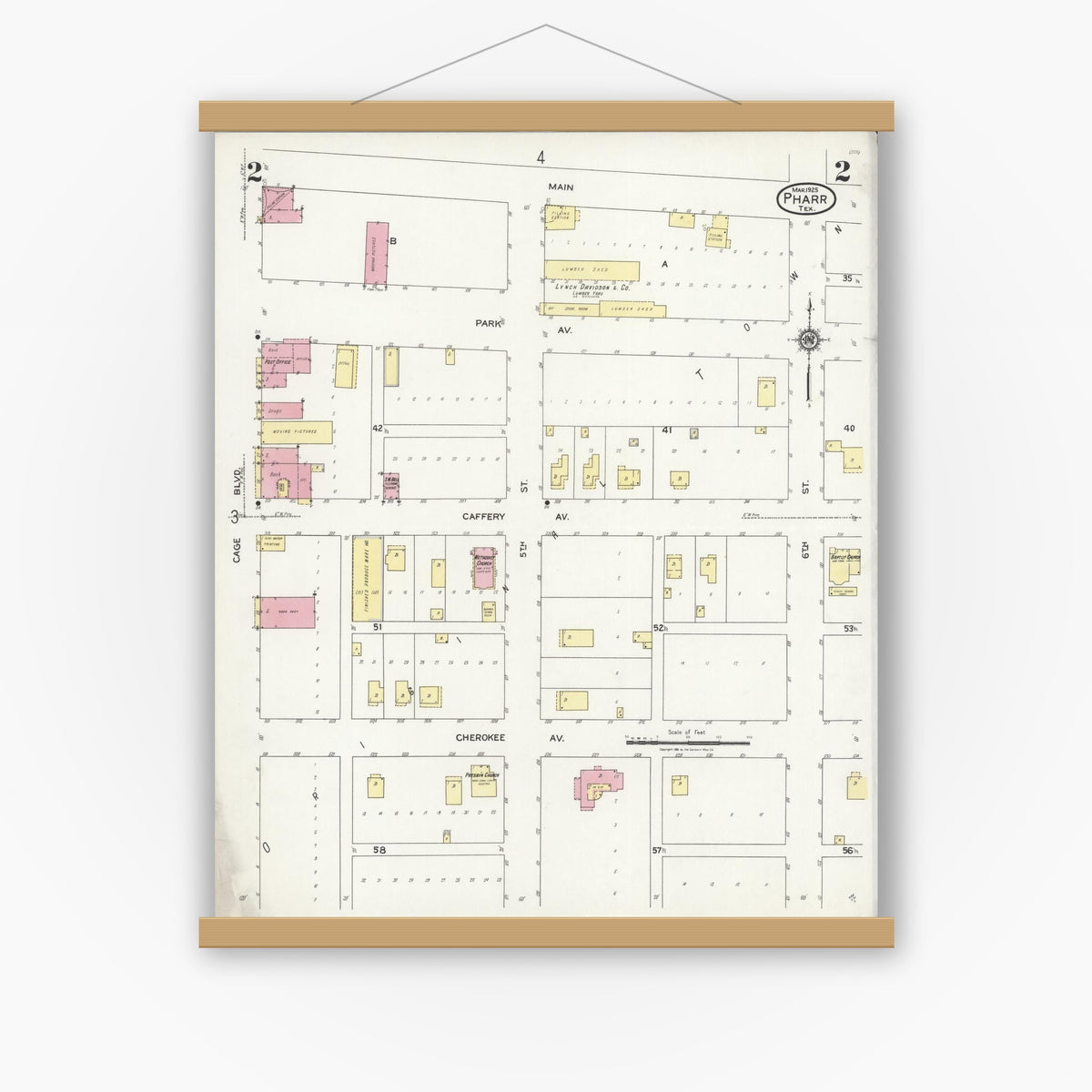 Old map wall art mockup — magnetic wood frame on white wall — Sanborn Fire Insurance Map from Pharr, Hidalgo County, Texas (1925), Sheet #0002