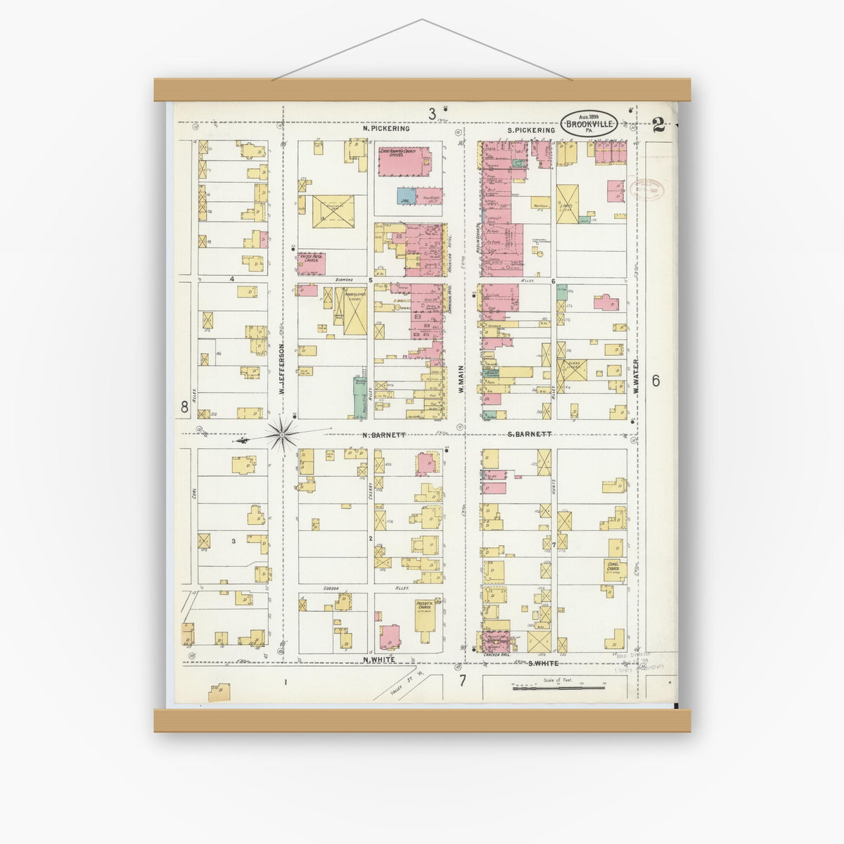 Old map wall art mockup — magnetic wood frame on white wall — Sanborn Fire Insurance Map from Brookville, Jefferson County, Pennsylvania (1899), Sheet #0002