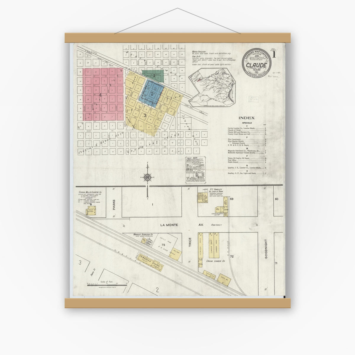 Old map wall art mockup — magnetic wood frame on white wall — Sanborn Fire Insurance Map from Claude, Armstrong County, Texas (1921) - Complete Map Set