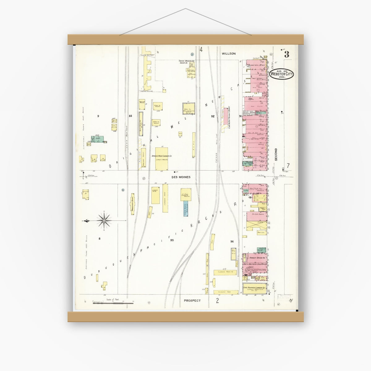 Old map wall art mockup — magnetic wood frame on white wall — Sanborn Fire Insurance Map from Webster City, Hamilton County, Iowa (1907), Sheet #0003