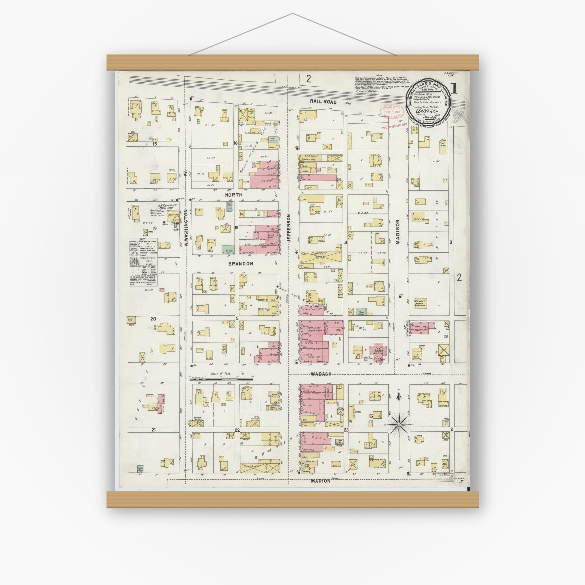 Old map wall art mockup — magnetic wood frame on white wall — Sanborn Fire Insurance Map from Converse, Miami County, Indiana (1898), Sheet #0001