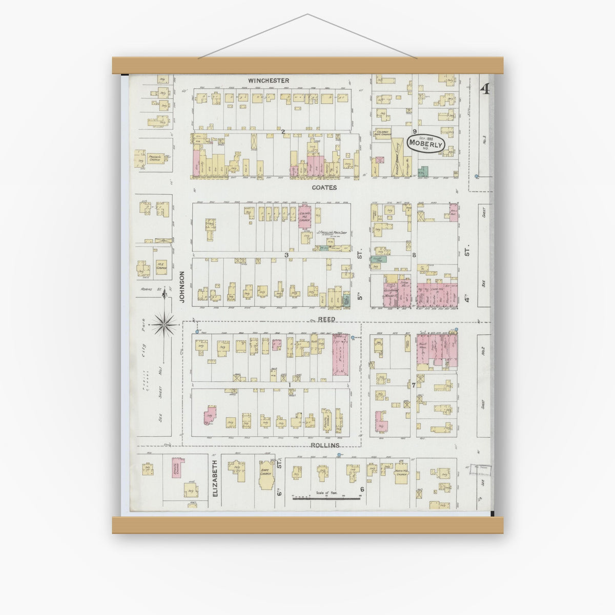 Old map wall art mockup — magnetic wood frame on white wall — Sanborn Fire Insurance Map from Moberly, Randolph County, Missouri (1888), Sheet #0004